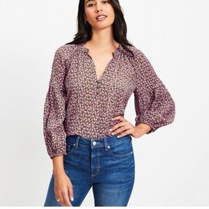 LOFT Pink and Green Floral Billow Sleeve Split-Neck Blouse, Size L